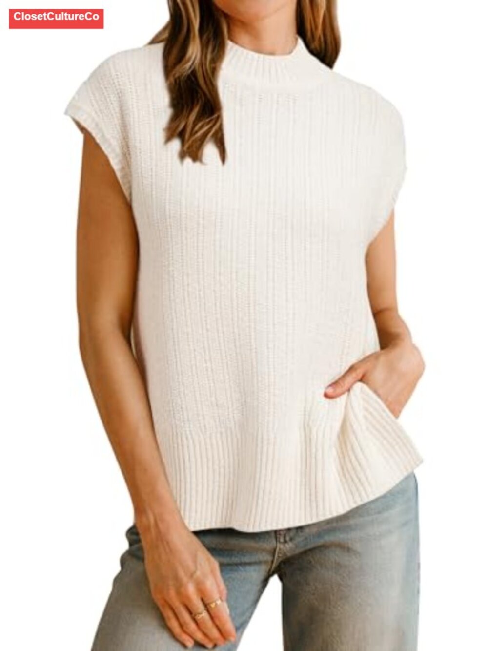 Cotton Blend Cap Sleeve Side Slit Sweater Vest Casual Layering Top